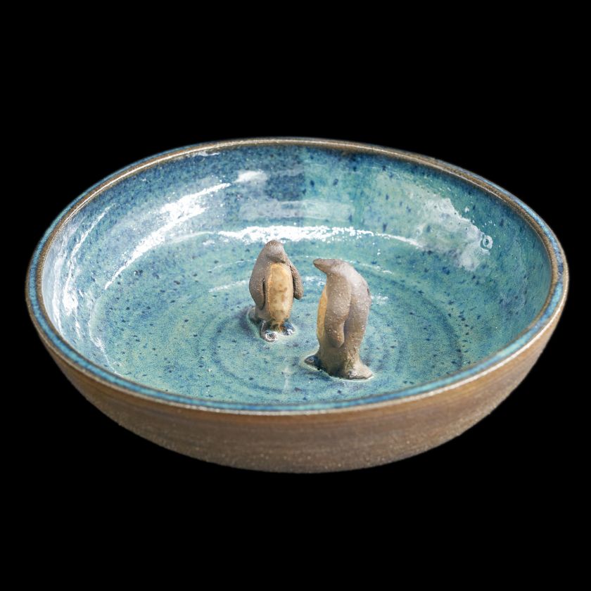 Ceramic Bird bath with animal - medium