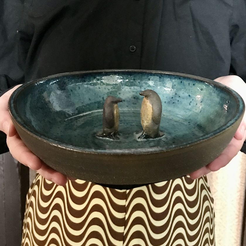 Ceramic Bird bath with animal - medium